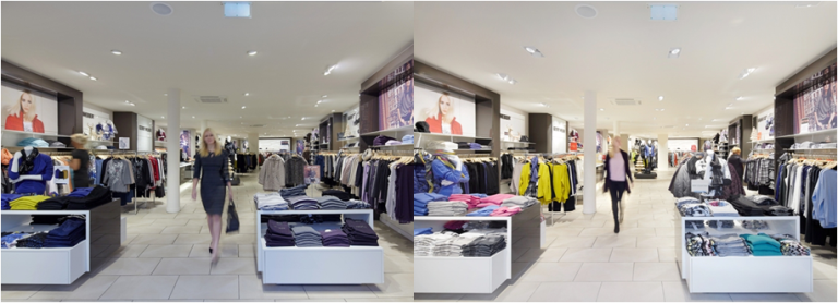 In cooperation with Gerry Weber, Zumtobel revamped the lighting in a branch in Herford and specifically tailored it to the lighting preferences of the main target group as part of a field study. Moderate accent lighting with warm colors was used. (Left: before, right photos: after) Image: Zumtobel