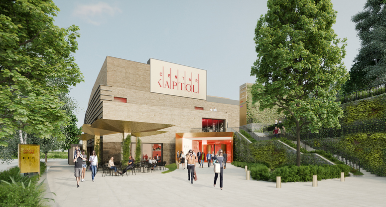 The forecourts of the center will be redesigned and modernized, and the existing natural stone facade will be extensively renovated. Image: BEHF