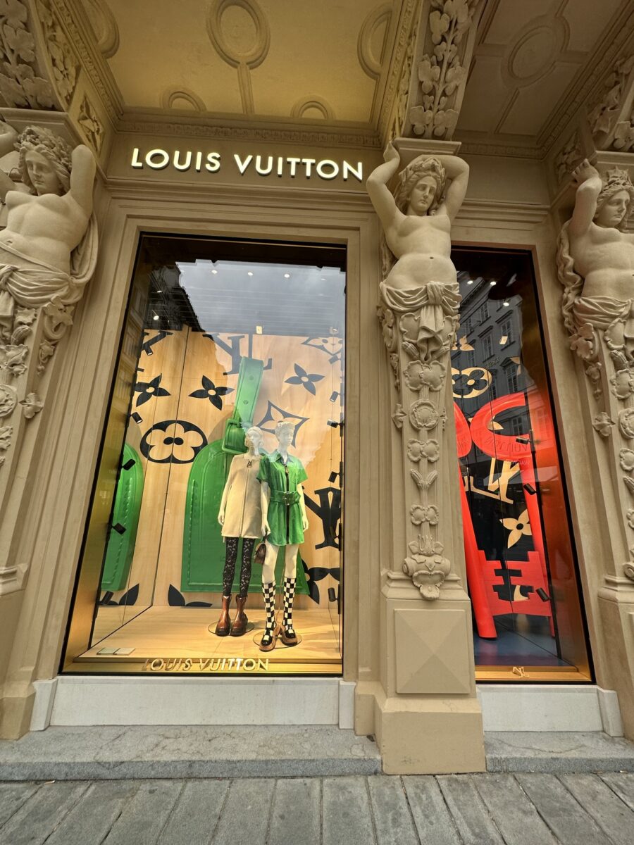 View at Louis Vuitton shop in Vienna, Austria. Louis Vuitton is a French  fashion house founded in 1854 and one of the world's leading international  fashion houses. Stock Photo