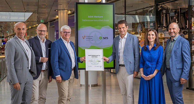 Lefto-to-right: Alexander Eck (Member of the SES Management Board), Christoph Andexlinger (CEO of SES), Marcus Wild (SPAR CEO), Dr. Michael Heinisch (Chairman of the Vinzenz Group Management Board), Sigrid Miksch, MSc (Head of Health Park Management at the Vinzenz Group) and DI (FH) Otto Brandstätter, MSc (Head of Development Shopping Center & Special Projects at SES). /// credit: Christian Leopold, SES Spar European Shopping Centers