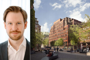 Nikolas Bosnić, Head of Development Redevco DACH (left), Elisen Palais Development in hamburg, germany (right). /// credit: Redevco, Sergison Bates Architects/Rethmeierschlaich Architekten