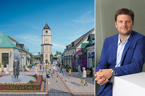 Outlet Village Sofia design (left), Stoyan Kolev, CEO of Trinity Capital (right). /// credit: Trinity Capital, Atelier Serafimov Architects