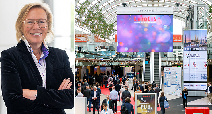 Elke Moebius, Director EuroCIS at Messe Düsseldorf GmbH (left), EuroCIS 2024 (right). /// credit: Messe Düsseldorf, C. Tillmann